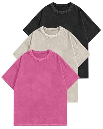 Aiyino Women's Oversized Cotton T-Shirts 3 Pack Vintage Washed Loose Fit Short Sleeve Crew Neck Casual Basic Tee Pink/Apricot/Black XXL - Image 1