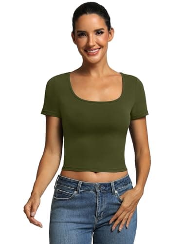ICTIVE Women's Short Sleeve T Shirts Casual Summer Basic Scoop Neck Slim Fit Work Tops ArmyGreen L