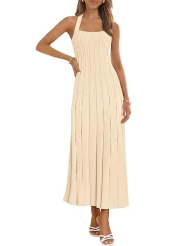 MEROKEETY Women's 2026 Spring Summer Sweater Dress Casual Halter Sleeveless Elegant Ribbed Knitted Bodycon Midi Dresses, Apricot, Small - Thumbnail 2