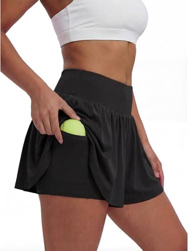 Stelle Women 2 in 1 Running Shorts Flowy Athletic Short High Waisted Workout Tennis Gym Short with Liner Pockets (Black, M) - Thumbnail 2