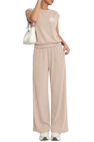 PRETTYGARDEN Women's Summer 2 Piece Lounge Sets 2026 Cap Sleeve Tops Wide Leg Pants Workout Sets Loose Casual Tracksuit(Beige,Small) - Thumbnail 5