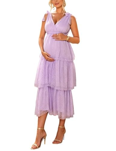 Yissang Maternity Midi Dress Dot Tulle V Neck Tiered Baby Shower Dress - Image 1