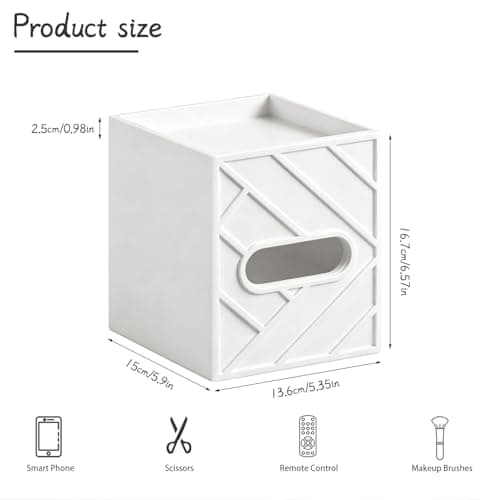 Militwo Aesthetic Tissue Box Cover with Top Tray, Modern Cube Wooden Facial Tissue Holder, Etched Geometric Design Napkin Dispenser for Bathroom, Nightstand, Vanity, Home Theatre - Thumbnail 3
