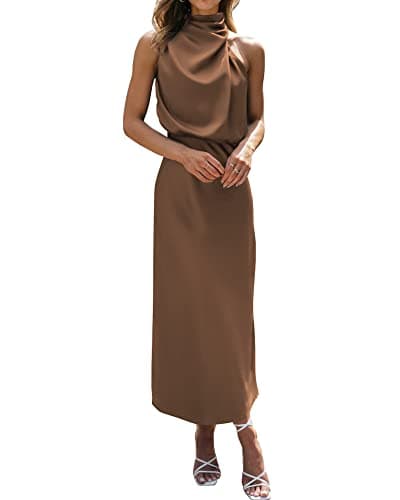 BTFBM Cocktail Dresses for Women Summer Satin Silk Sleeveless Mock Neck Maxi Wedding Guest Dress Spring Outfits 2026(Khaki, X-Large) - Image 1