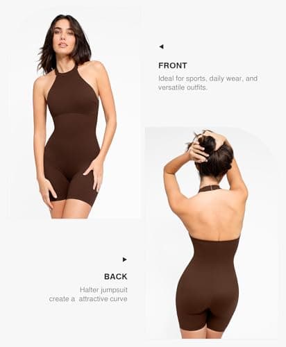 Popilush Women Workout Romper Built in Shapewear Tummy Control Halter Neck Backless Short Jumpsuits - Thumbnail 3