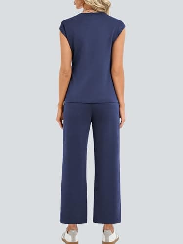 Casly Lamiit Two Piece Sets for Women Summer Airport Travel Outfits Lounge Set Teacher Outfits Cropped Wide Leg Pant Sets Navy Blue XL - Thumbnail 4