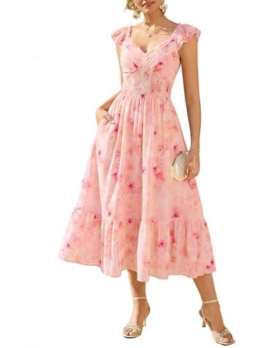 GRACE KARIN Women's Summer Floral Maxi Dress 2026 Ruffle Sleeve Smocked Sundress Flowy Wedding Guest Long Dresses Orange Floral L - Image 1