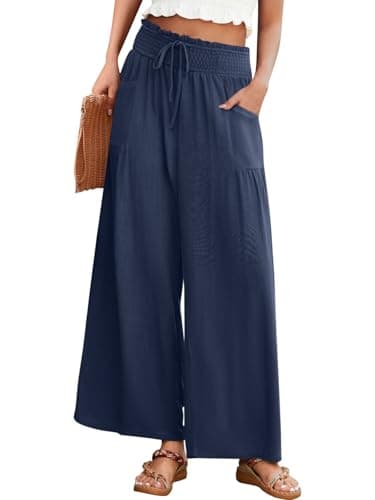 JUYUEO Wide Leg Linen Pants for Women High Waist Casual Flowy Boho Beach Palazzo Trousers with Pockets Navy Blue XL - Image 1