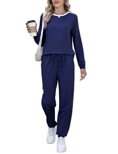 Marvmys Women Crew Neck Track Suits Long Sleeve Travel Outfits Color Block Jogging Set Sweatsuits Navy Blue XL - Image 1