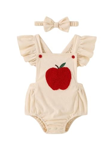 GEMLON Newborn Girl Clothes Ruffled Sleeveless Apple Embroidery Infant Romper with Headband Baby Girl Outfits 12-18 Months - Image 1