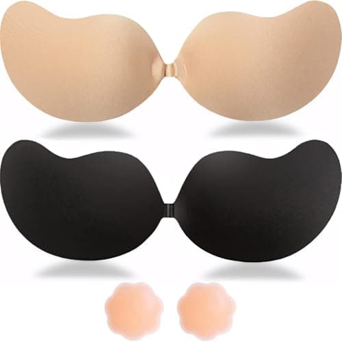 KIETLA Sticky Bra Strapless Adhesive Invisible Push Up Lift Bras for Women Backless Dress 2 Pair Reusable with Nipple Covers Black and Beige - Image 1