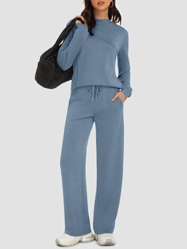 Casly Lamiit Womens Loungewear Set Two Piece Casual Outfits Mock Neck Pullover Tops Wide Leg Sweatpants Sets 2026 Fall Winter Chothes Blue Grey M - Thumbnail 4