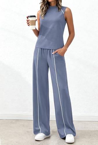 BTFBM Womens 2 Piece Lounge Set 2026 Striped Travel Outfits Sweatsuit Mock Neck Tank Top Wide Leg Pants Casual Activewear(Grey Blue, X-Large) - Thumbnail 4