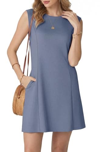 HiMONE Womens Casual Mini Dress Sleeveless Crew Neck A Line Daily Outfit for Work School(Denim Blue-S) - Image 1