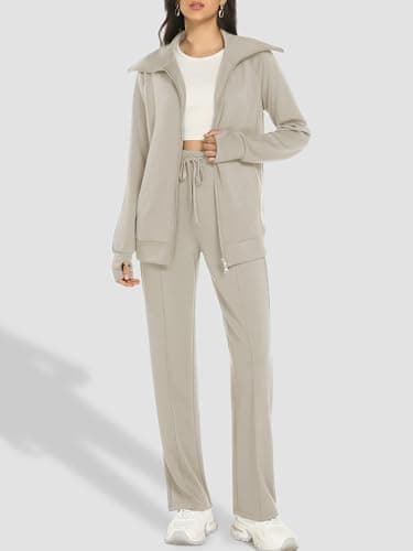 Casly Lamiit Womens 2 Piece Sweatshirt Lounge Sets Casual Long Sleeve Double Zipper Sweatsuit Athletic Jogging Outfits Travel Tracksuit Dark Beige XS - Thumbnail 3