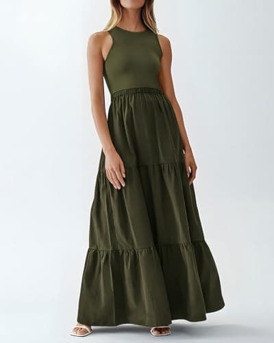 BTFBM Women Sleeveless Summer Dresses Wedding Guest Maxi Dresses Ribbed Knit Tops and Polyester Skirt with Pockets(Solid Army Green,Large) - Thumbnail 2