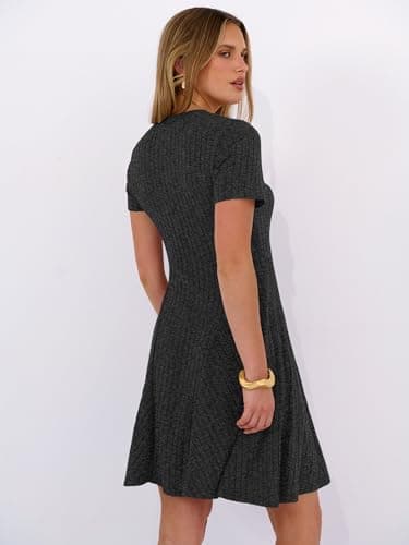 ANRABESS Womens Summer Dresses Casual Short Sleeve Ribbed Knit V Neck Swing A-Line 2026 Spring Vacation Tunics Short Dress Black Large - Thumbnail 5