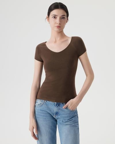 SUUKSESS Women Silk Cashmere Blend Short Sleeve Pullover Sweater Wide V Neck Tops Business Casual (Dark Brown, XL) - Thumbnail 2