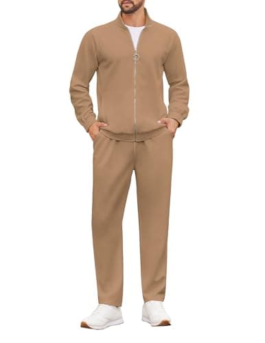 COOFANDY Casual Tracksuit for Men 2 Piece Athletic Sweatsuits Jogger Sets Full Zip Long Sleeve Sport Track Suit Khaki Cream Beige - Image 1