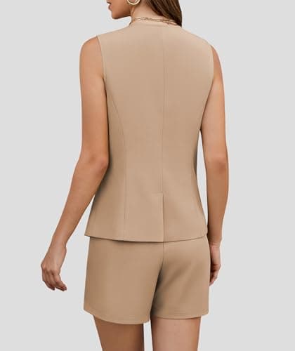 Casly Lamiit Two Piece Outfits for Women Short Sets Summer Business Casual Sleeveless Vest High Waisted Suits Dressy Work Clothing Khaki S - Thumbnail 4
