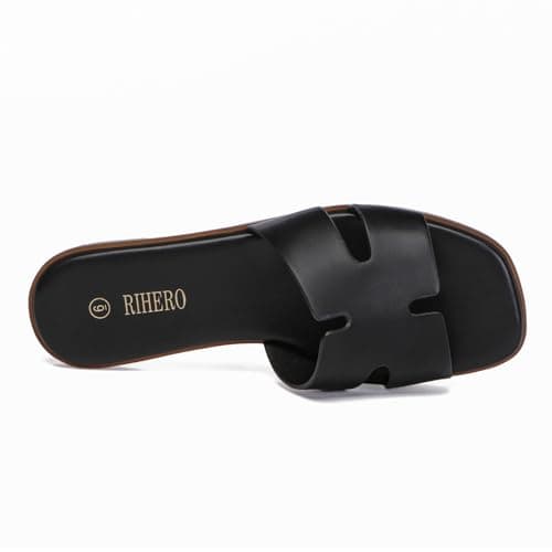 Rihero Black Flat Sandals for Women Dressy Summer Slip On Peep Toe Slide Black Sandals Size 7 - Thumbnail 5