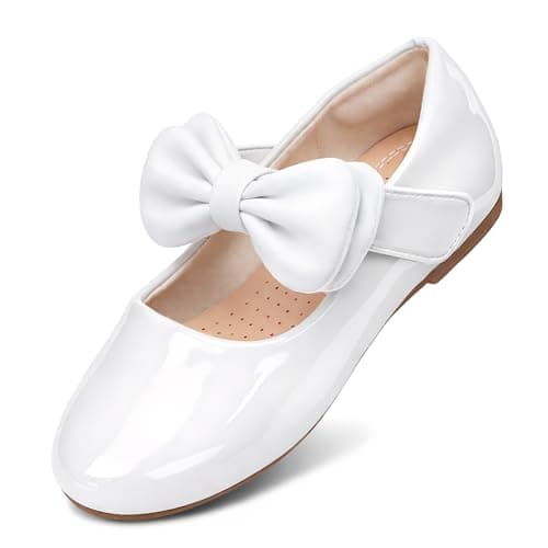 Pxmzizz Toddler Girl White Dress Shoes Mary Jane Flower Girl Flats for Wedding & Party, Soft Insole, Non-Slip, Easy On & Off Dress Shoes for Little Girls,White,13 - Image 1