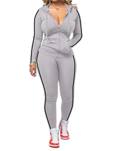 Hakubeby Women 2 Piece Outfits Casual Workout Sets Striped Bodycon Tracksuit Zip Up Long Sleeve Hoodle Jacket Jogger Pant Set Grey XXL
