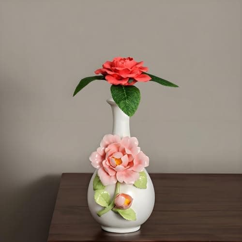 Handmade Pinched Flowers Ceramic Vase with One Ceramic Rose Flower, Home Decor Ceramic Vase for Dining Table, Living Room, Kitchen, Bedroom, Shelf, Office, Coffee Table, Restaurant & Fireplace Mantel - Thumbnail 6