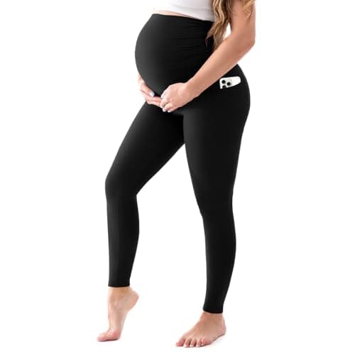 Walifrey Women's Maternity Leggings with Pockets Over The Belly,Pregnancy Yoga Pants Activewear Workout Leggings Black XXL - Image 1