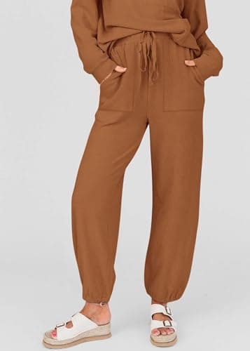 KIRUNDO Lounge Sets for Women 2026 Fall Airport Travel Outfits Ribbed Knit Tops Jogger Pants Tracksuit Postpartum Comfy Set(Dark Khaki, Medium) - Thumbnail 5