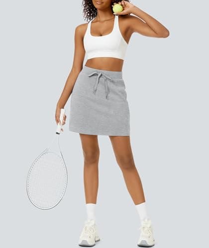 Casly Lamiit Women's Athletic Skort High Waisted Casual Short Drawstring Sweat Skirts Mini Workout Lounge Skirt with Pockets Light Grey S - Thumbnail 5