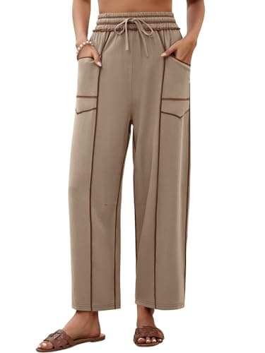 grewley Womens Linen Barrel Pants Baggy Wide Leg Pants Summer Palazzo Drawstring Waist Pants with Pockets Casual Khaki L - Image 1