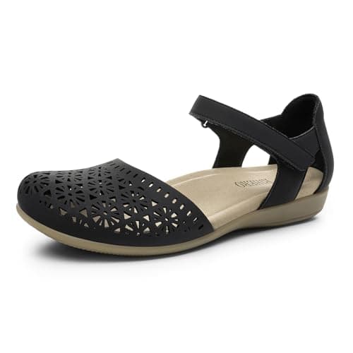 Rihero Womens Closed Toe Sandals Black Dressy Hollow Out Adjustable Ankle Strap Sandals for Women Summer Casual Flats with Arch Support for Office Beach 8.5 - Image 1