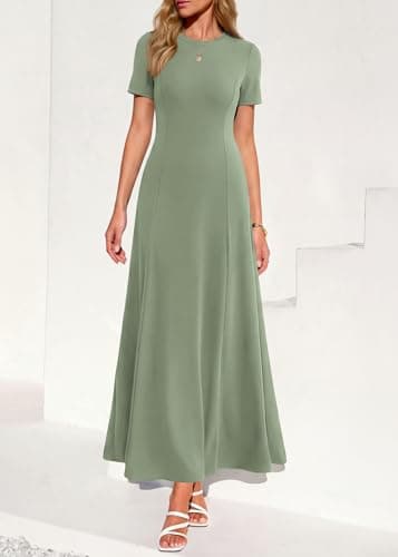 KIRUNDO Wedding Guest Dresses for Women 2026 Spring Summer Short Sleeve Pleated Long Flowy A Line Formal Maxi Dress Pockets(Sage Green, Large) - Thumbnail 2