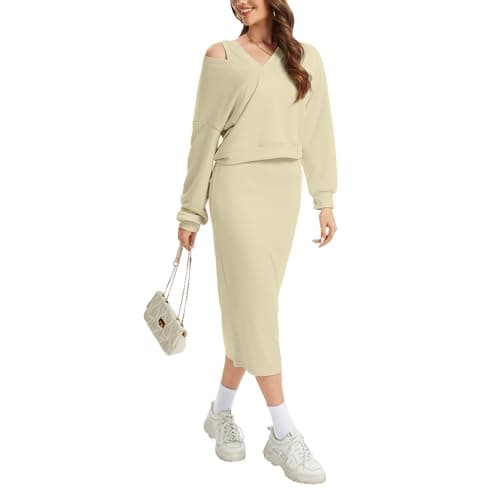 Anyshe Women's 2 Piece Matching Knit Sweater Set, Long Sleeve V-Neck Top with Maxi Skirt, Effortless Style for Vacation - Image 1