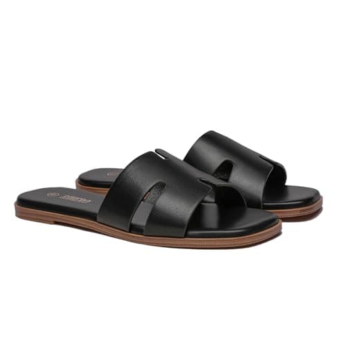 Rihero Black Flat Sandals for Women Dressy Summer Slip On Peep Toe Slide Black Sandals Size 7 - Thumbnail 6