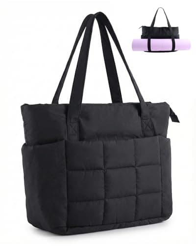 U+U Puffer Tote Bag for Women, Quilted Work Tote with 16" Laptop Sleeve, Luggage Sleeve & Yoga Mat Strap for Travel Gym School,Black - Image 1