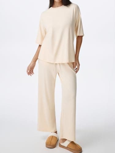 REORIA Womens Fall Lounge Sets Sleepwear Short Sleeve Tops and Long Pants 2 Piece PJ Pajama Sets Apricot Large - Thumbnail 2