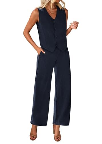 KIRUNDO Two Piece Outfits for Women Summer Sets 2026 Trendy Button Crop Vest Wide Leg Pantsuit Matching Set Spring Fashion Clothes(Navy, Small) - Image 1