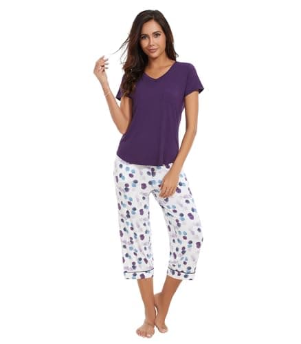 WiWi Womens Short Sleeve Top with Capris Pants Cool Viscose from Bamboo Super Soft Pajamas Set with Pockets S-XXL, Dark Purple Dots, Large - Image 1