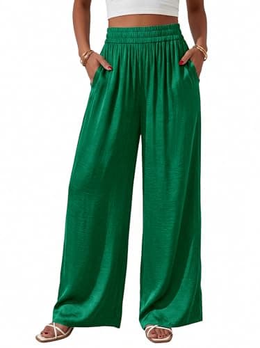BTFBM Wide Leg Pants Woman Summer 2026 Pockets Dressy Flowy Lightweight Glitter Satin Palazzo Beach Vacation Clothes(Green, XX-Large) - Image 1