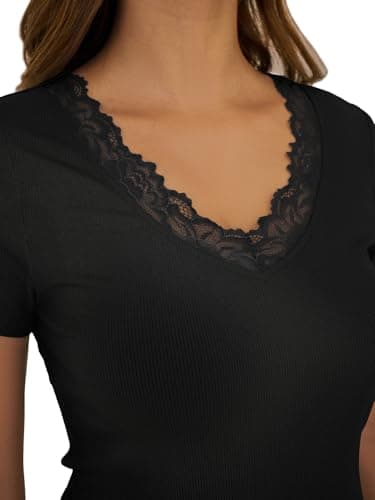 GKBK Short Sleeve Black Tops for Women Lace V Neck Cute Sexy Y2k Top Basic Tees Ribbed Fitted Shirts Going Out Summer Trending Fashion Clothes XL - Thumbnail 4