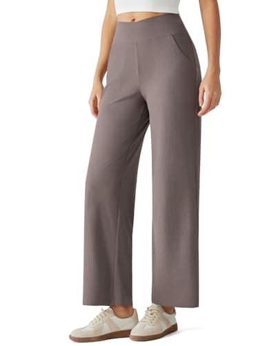 G4Free Ribbed Wide Leg Yoga Pants for Women Stretchy High Waist Ankle Pants with Pockets Casual Loose Sweatpants Office Work(Taupe,S,Tall) - Image 1