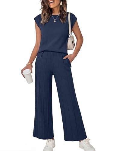 ANRABESS Women 2 Piece Lounge Sets Summer Casual Knit Sweater Vest Pant Set Beach Vacation Clothes 2026 Airport Outfits Navy Blue X-Large