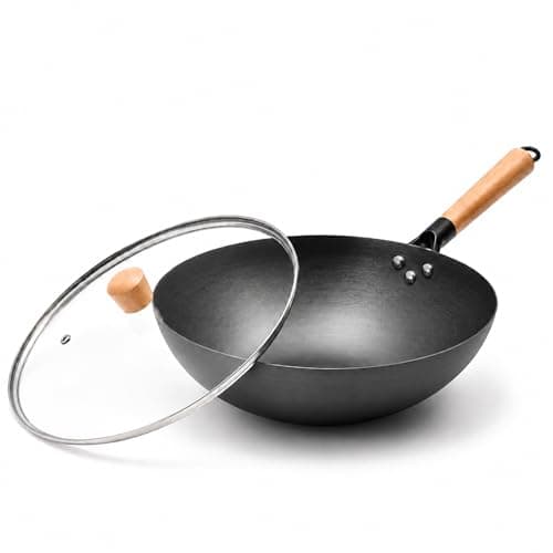 VIVIDCOOKWARE 12.6" Carbon Steel Wok Pan, Flat Bottom Stir Fry Wok with Spiral Thread Interior, Coating‑Free Naturally Seasoning Wok, Compatible with Gas, Electric & Induction Cooktops
