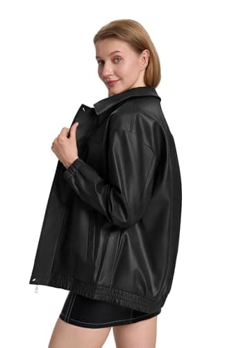 Moreone Faux Leather Jacket Women Oversize Leather Bomber Jacket Zip Up Going Out Jackets for Women 2026 Fall Fashion Moto Jacket Black S - Thumbnail 5