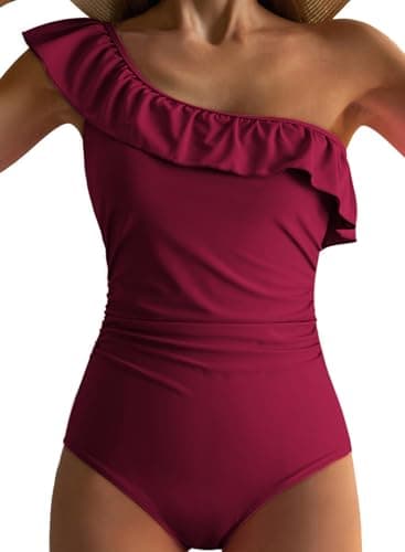 Dokotoo Womens One Piece Swimsuits One Shoulder Ruched Asymmetric Ruffles Removable Padded Sexy Monokinis Tummy Control Plus Size Swimwears,Burgundy Medium - Image 1
