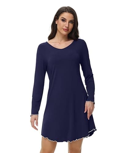 WiWi Women's Nightgown Sleepwear Soft Sleepshirt Long Sleeve Nightshirt Pajama Dress-Viscose from Bamboo S-XXL, Navy, X-Large - Image 1
