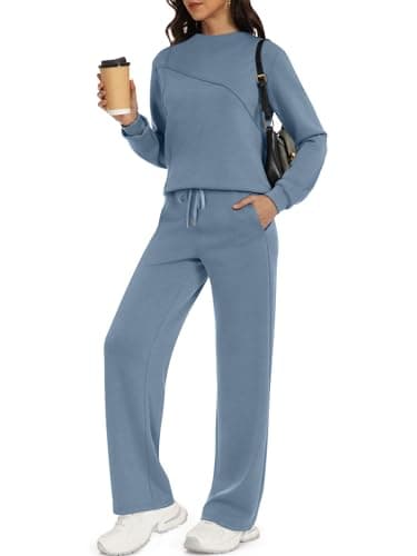 Casly Lamiit Womens Loungewear Set Two Piece Casual Outfits Mock Neck Pullover Tops Wide Leg Sweatpants Sets 2026 Fall Winter Chothes Blue Grey M - Image 1