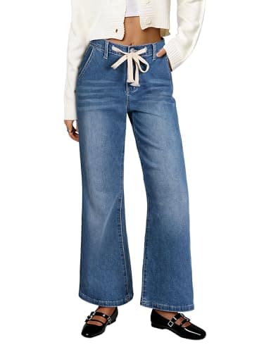 HDLTE Wide Leg Jeans Woman High Waisted Trendy Pull On Elastic Waist Drawstring Stretchy Denim Jean Pants with Pockets，Light Blue，XL - Image 1